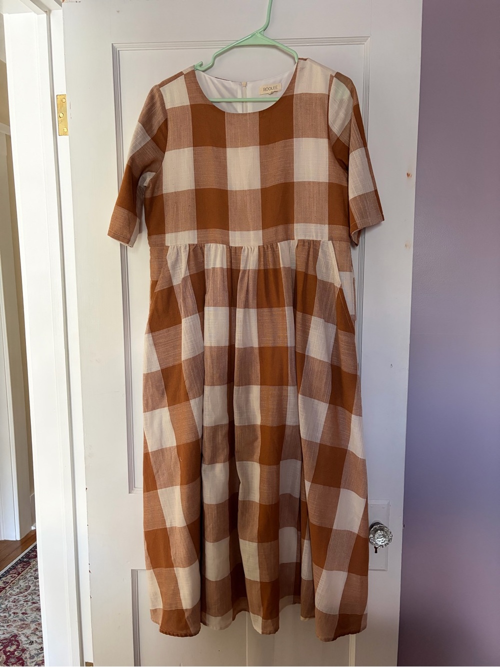 Roolee Tan and Cream Gingham Midi Dress